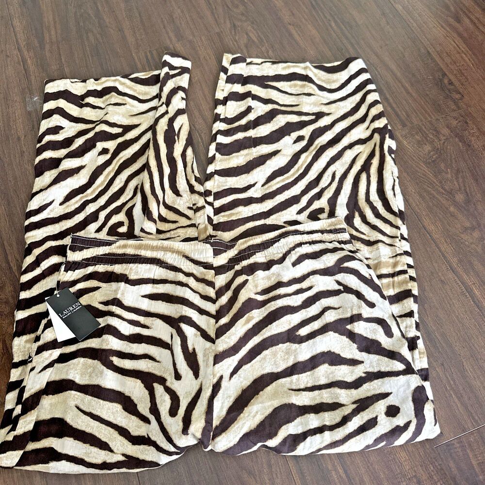 Lauren Ralph Lauren Women's Zebra-Print Linen Wide-Leg Pants Cream Brown XXL - Picture 12 of 13